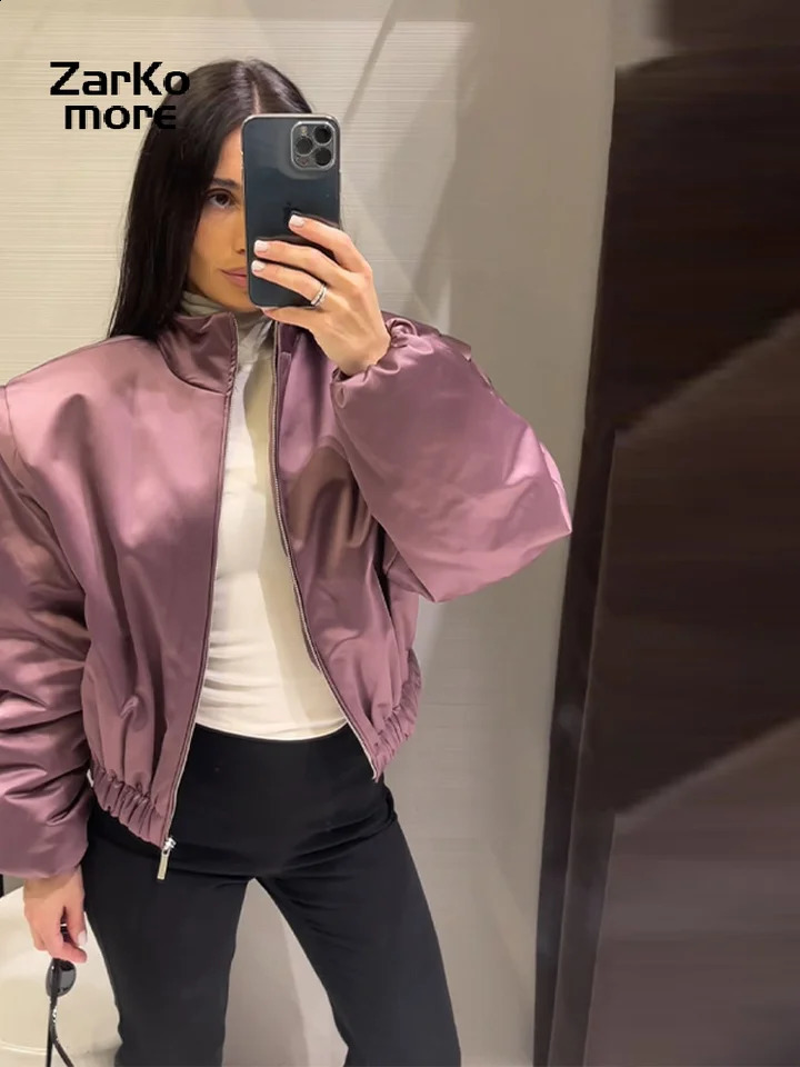 Fashion Y2K Satin Bomber Jacket Women Mauve Puff Sleeve Cropped Zip Up Casual Outerwear 2026 Spring Lady Chic Street Coats 260318