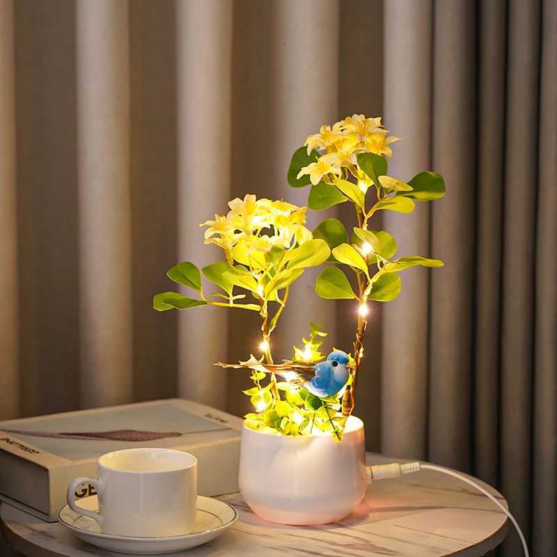 LED Bird and Flower Tree Table Lamp Lily Color Bird Potted Tree Lights for Holiday ValentineS Mother Day Gifts Home Decor H260318