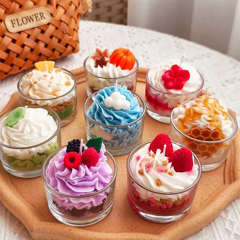 Handmade Mousse Cup Dessert Cake Scented Candle - Vanilla Chocolate Mango Strawberry Cream Creative Gift for Home D260318