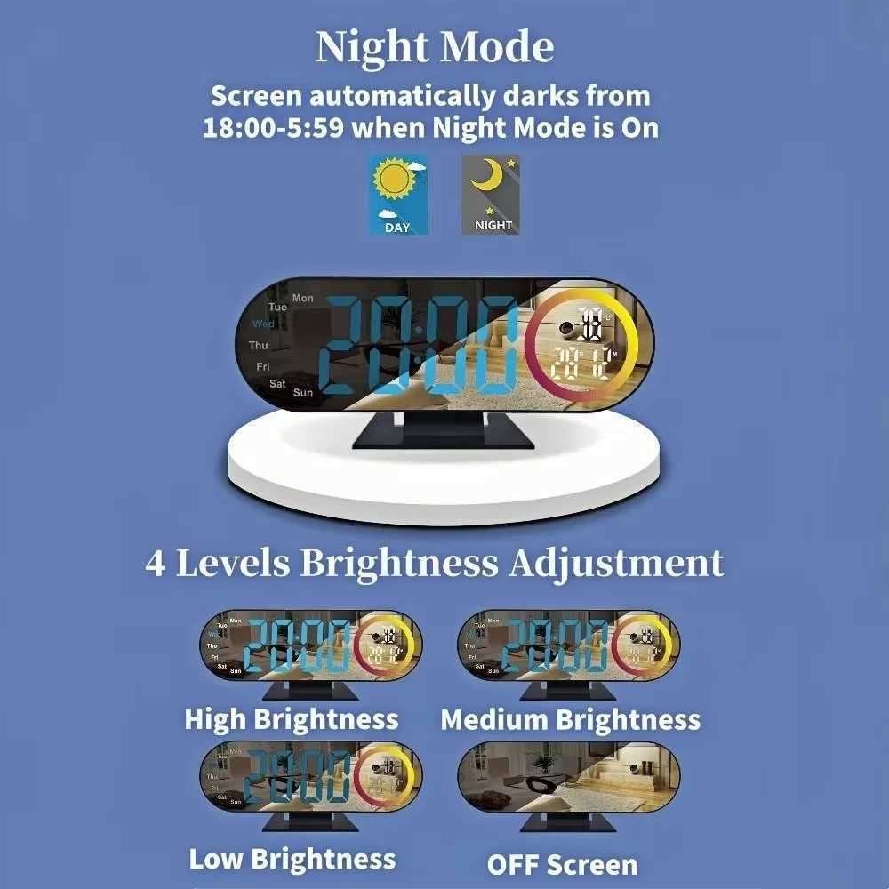 Brightness Adjustment Digital Alarm Clock Voice Control 12/24H Format LED Mirror Clock 2 Alarms with RGB Mood Light D260318