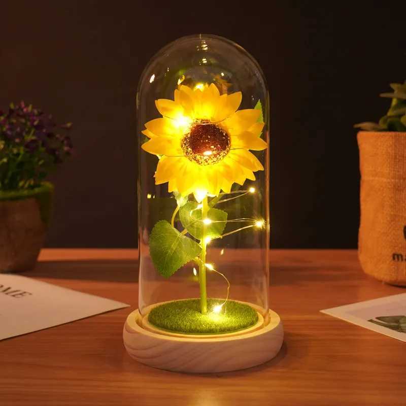 Sunflowers Artificial Flowers in Plastic Dome with LED Strip Birthday Gifts for Mom Grandma Sunflower Decor on Mothers Day H260318