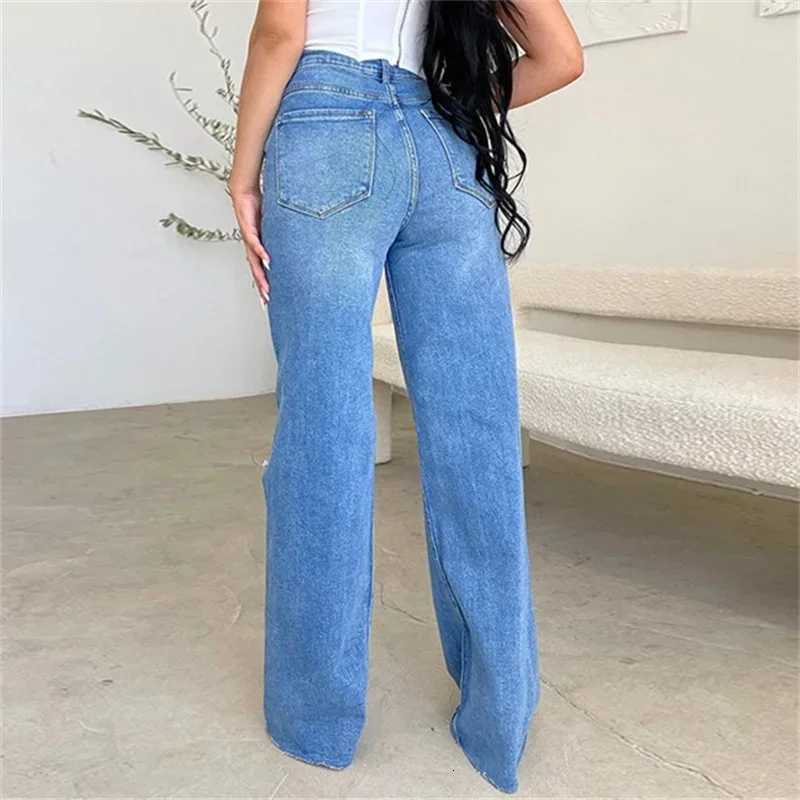 Women Knee Broken Holes Trend Straight Jeans Fashion Comfortable Casual High Waist Denim Pants Female Loose Wide Leg Trousers 24T260317