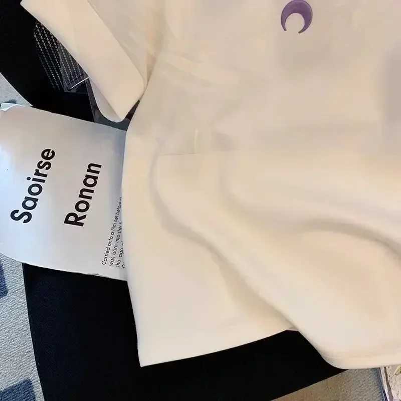 Womens White Moon Print Short Sleeve T-Shirt Summer Casual Round Neck Basic Tee Niche Fashionable and Versatile TopT260317