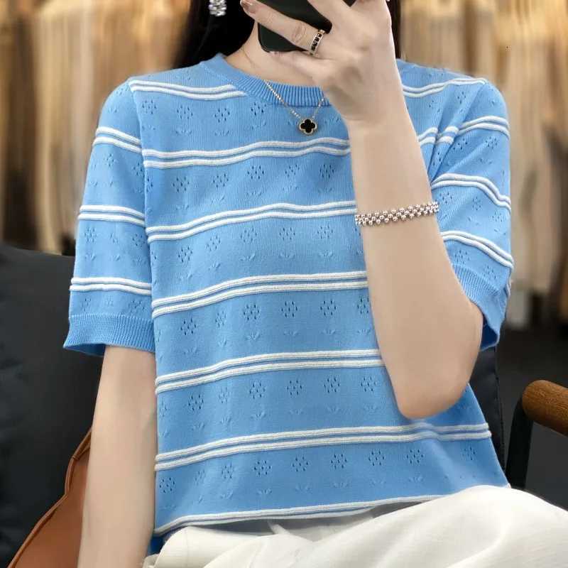 Summer 100 cotton womens T-shirt casual hollow striped knitted pullover short sleeved loose round neck Tees Pull On vest TopsT260317