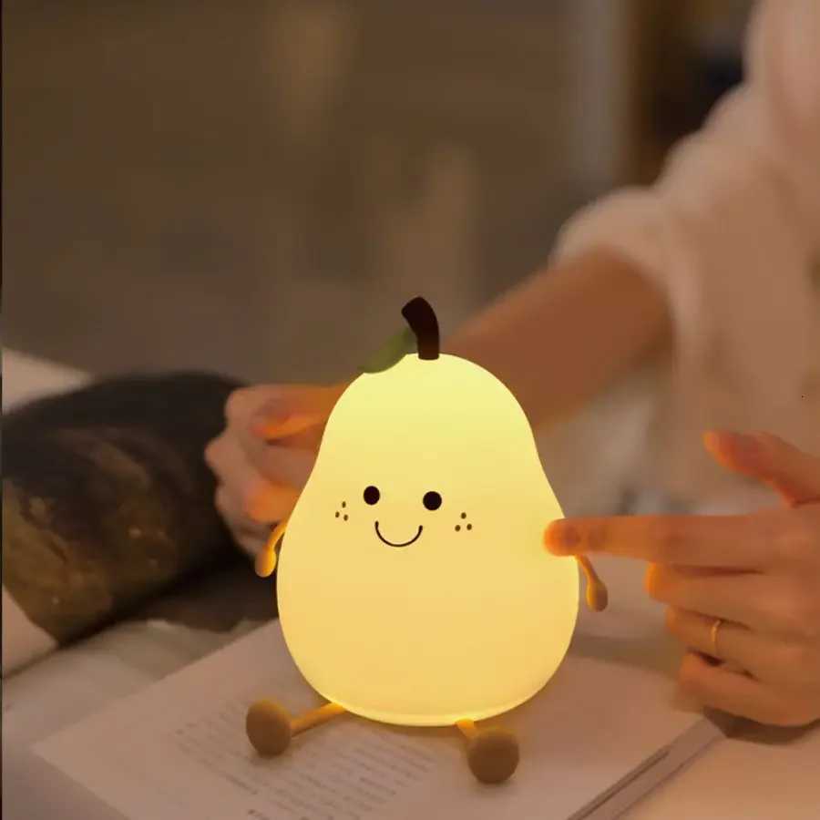 LED Pear Fruit Silicone Night Light 7 Colors Dimming Touch USB Rechargeable Cartoon Bedside Lamp Bedroom Decor Cute Kid Gift H260318