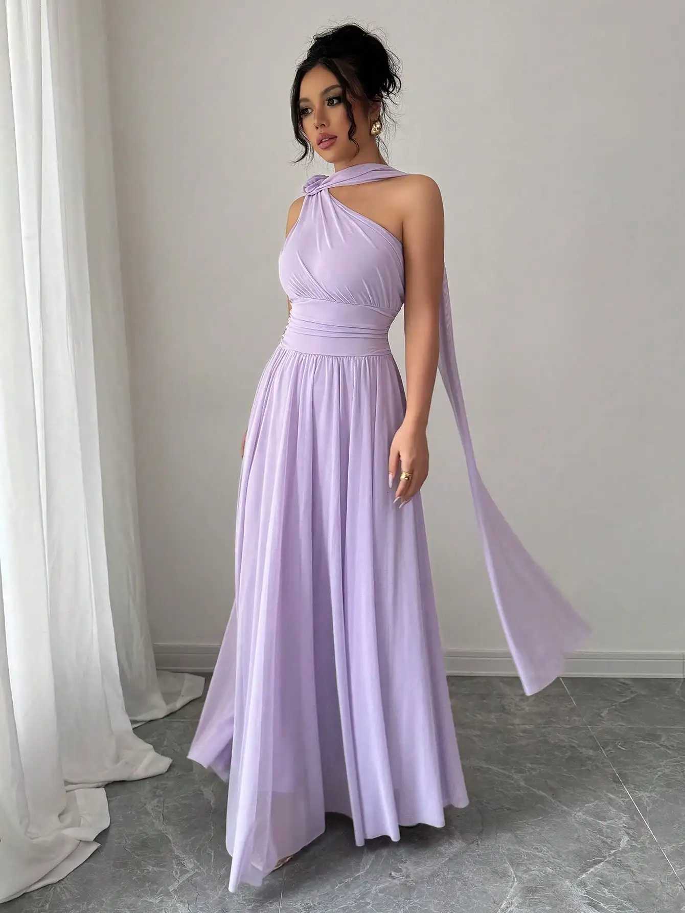 Lavender One-Shoulder Flowing Maxi Dress with Draped Neck and Pleated SkirtXJ260318