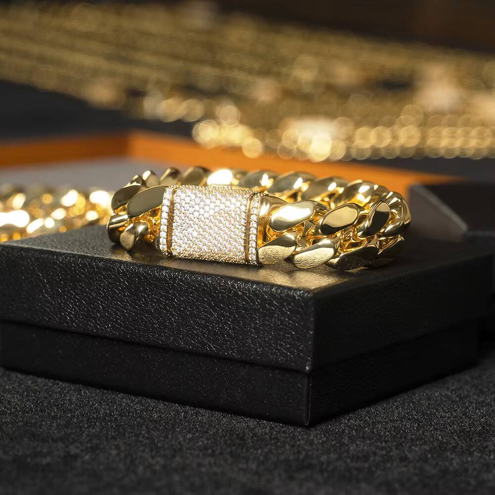 925 Sterling Silver Mens Double Sided Cuban Link Chain Gold Plated Moissanite VVS Miami Cuban Style with Luxury Gold Cuban Link