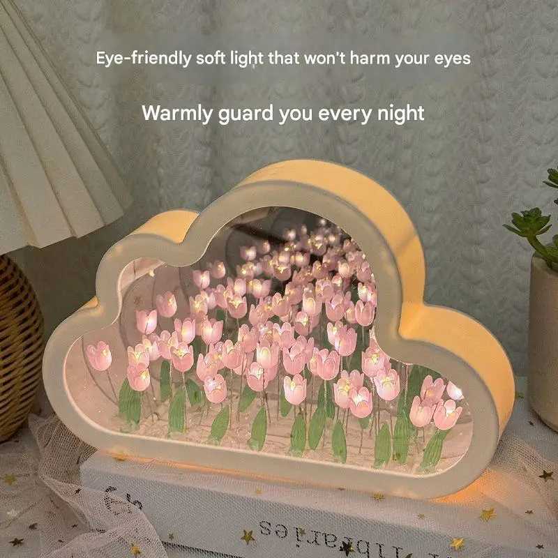 Creative cloud tulip night light DIY handmade mirror flower sea atmosphere lamp desktop decoration birthday holiday gift H260318