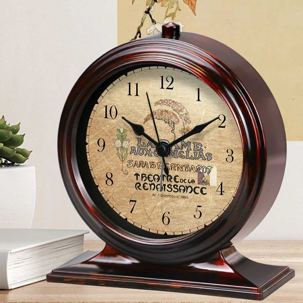 Classic Retro Table Clock Metal Frame Silent Movement Bedside Alarm Clock Light Luxury Pastoral Style Home Desktop Ornament D260318