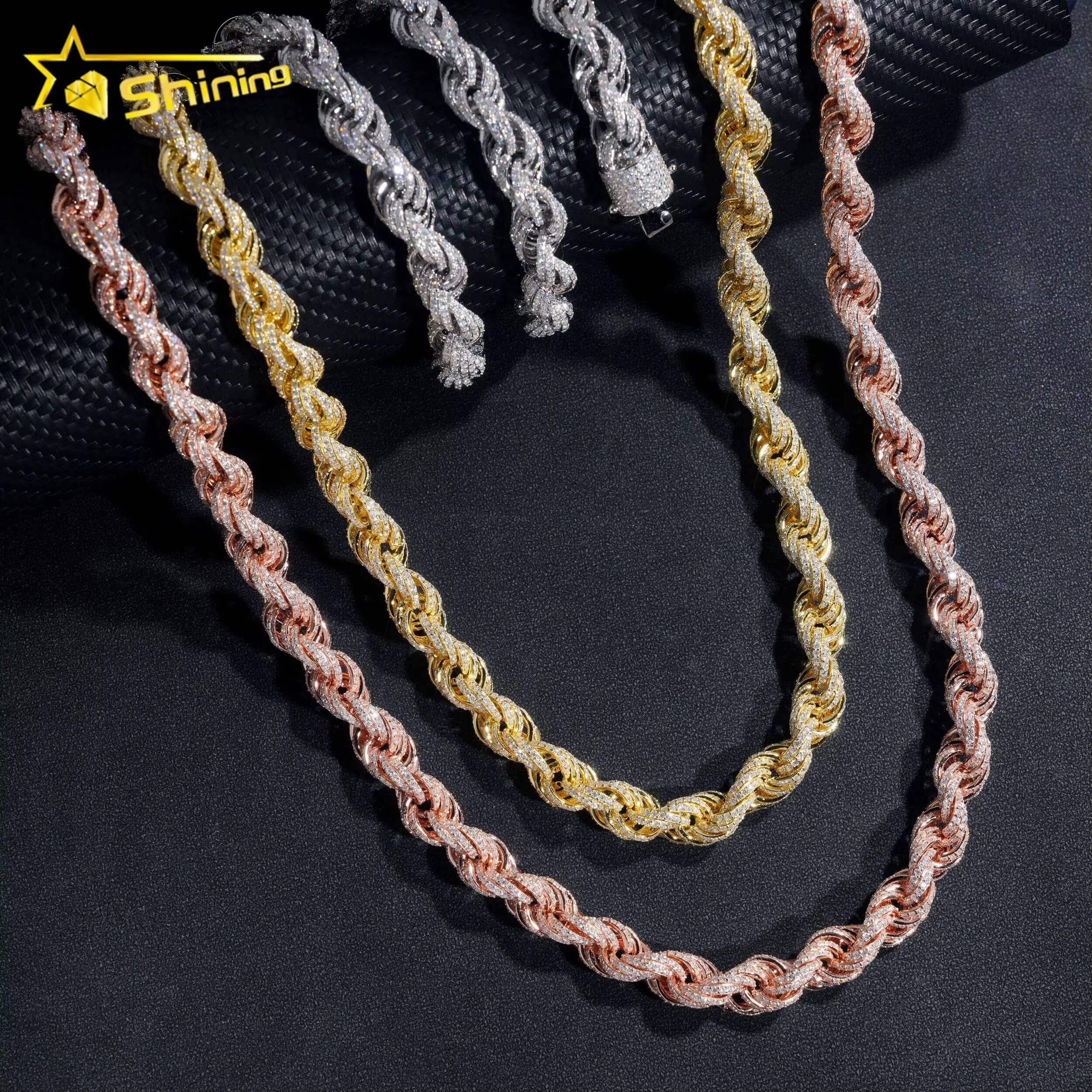 Big Size Moissanite Rope Chain Silver Jewelry 10mm Vvs Moissanite Rope Bracelet Necklace for Men and Women