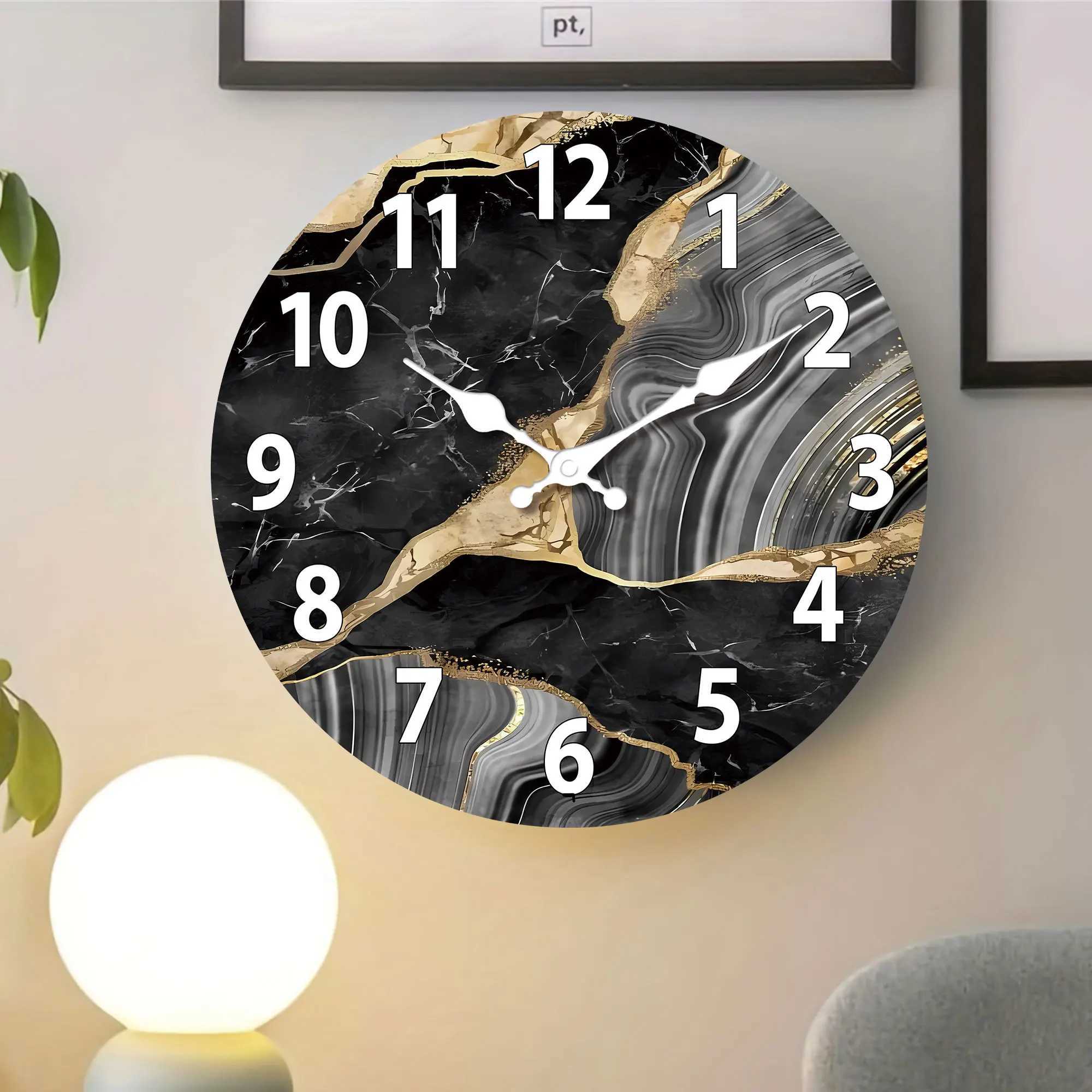 1pc round wooden wall clock modern simple marble texture pattern design wall clock silent clock suitable for living room din D260318