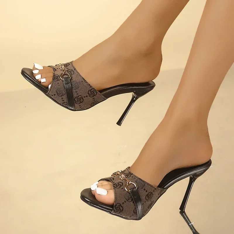 High Heel Sandals for Women 2025 Elegant Metal Buckle Slippers Women Printed Thin Heeled Sandals Woman Fashion Dress Party Shoes W260318