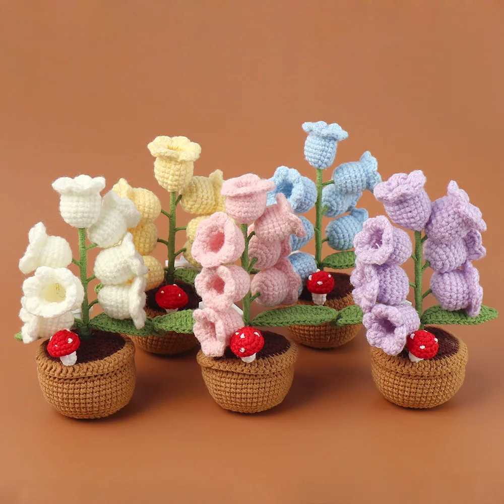 Crochet Bell Orchid with Potted Knitted Flowers with Light Handmade Artificial Flower Desktop Bookshef Easter Decoration 2025 H260318