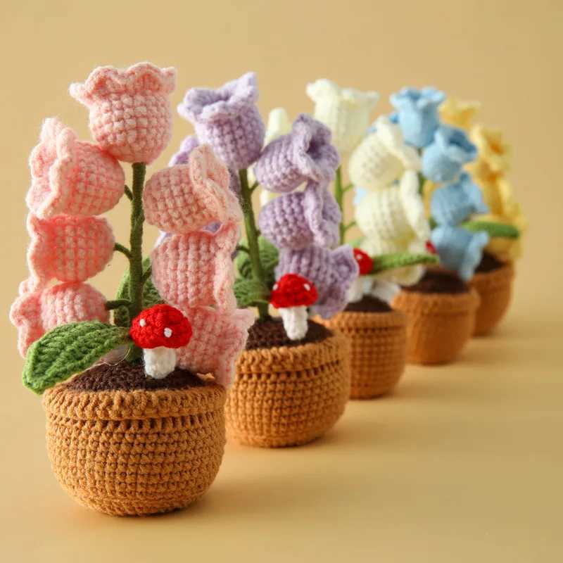 Knitted Bell Orchid With Light Creative Crochet Flowers Potted Handwoven Fake Flower Party Table Decor Mothers Day Gift H260318
