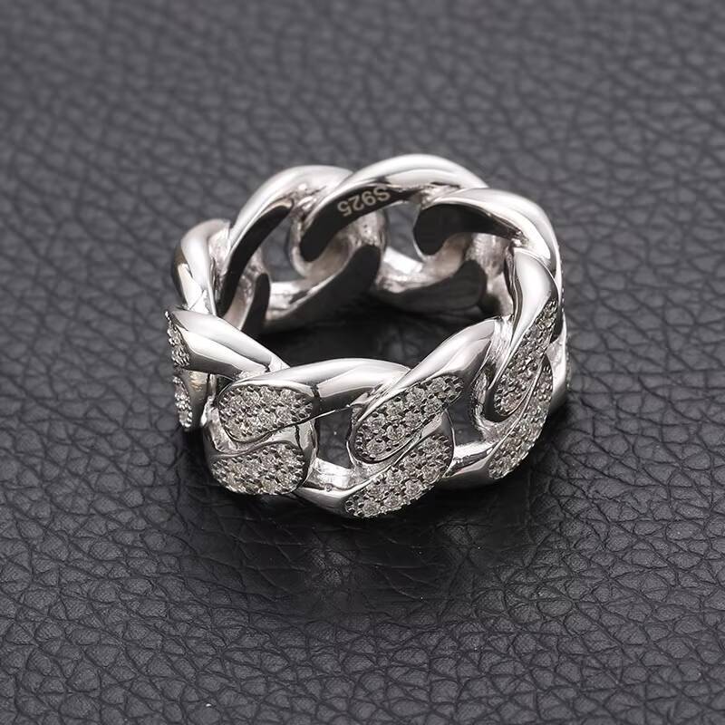 Wholesale S925 Sterling Silver VVS Moissanite Wedding Ring for Men Hip Hop Style with Cuban Chain for Parties