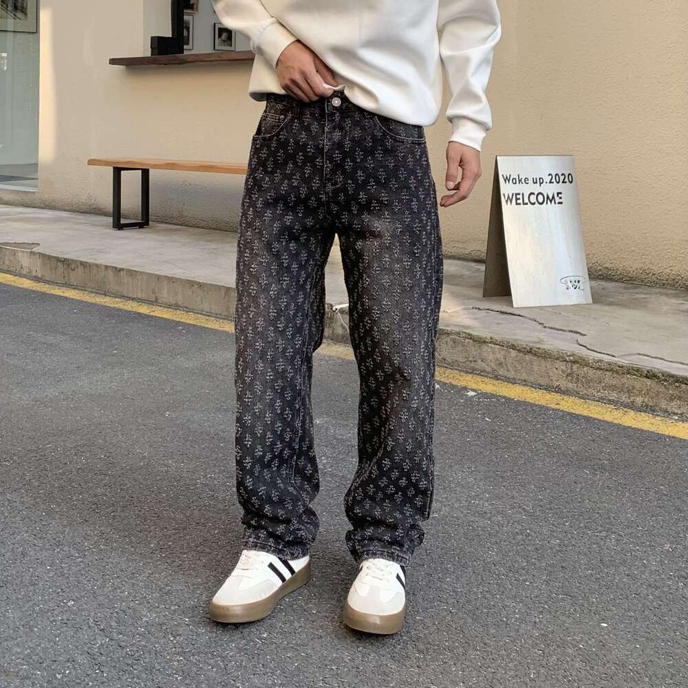 American-Style Jacquard Full-Print Jeans For Men, Summer Trendy Brand, Loose Straight-Leg Washed Casual Pants, Men's Thin Clothing