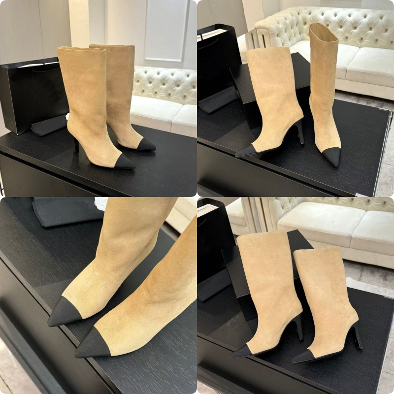 High-End 2025 Autumn Winter Genuine Leather Pointed Toe Color Block Retro Stiletto Slip-On Heel short High Tube Riding Boots