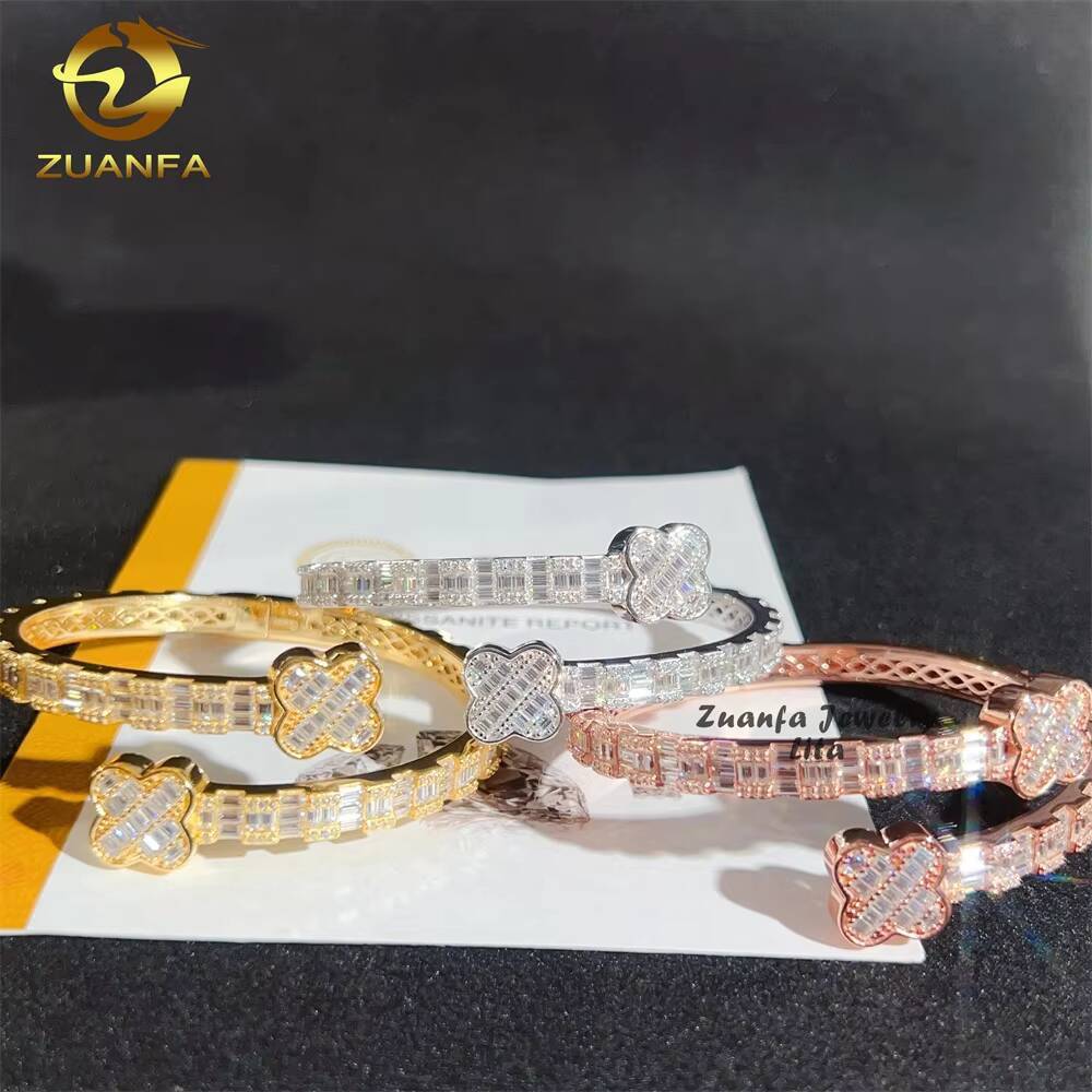 925 Sterling Silver Fashion Jewelry Four Leaf Clover Hip Hop Moissanite Diamonds Gold Plated Bracelet Bangles