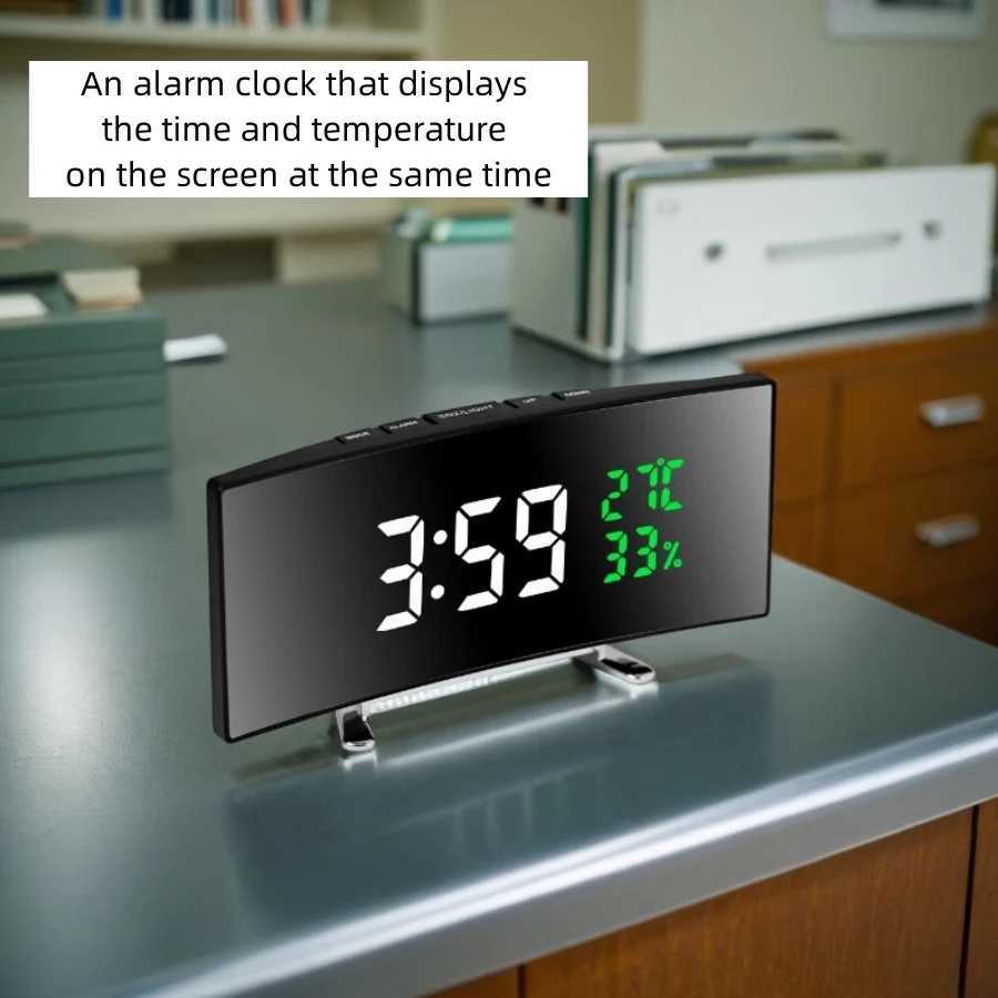 Curved Screen Digital Alarm Clock Temperature Date 2 Levels Brightness Adjustment Snooze Table Clock 12/24H Night Mode LED Clock D260318