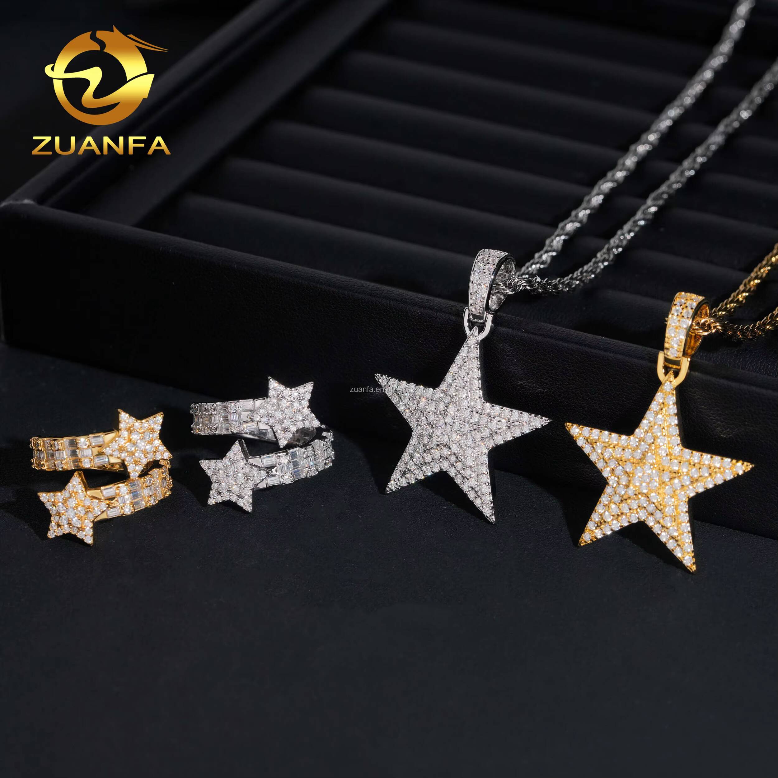 Bulk Stock Drop Shipping Elegant Jewelry Hip Hop Pendant 925 Silver Vvs Moissanite Diamond Star Pendant Star Ring Set Gift