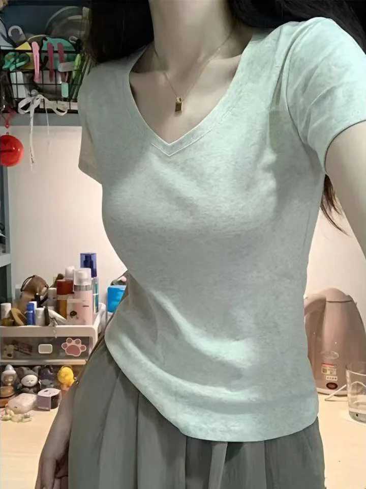 Fashion Womens T-shirt Summer Short Sleeved Cotton V-neck Casual Top Basic Solid Color Slim Daily Wear ClothingT260317