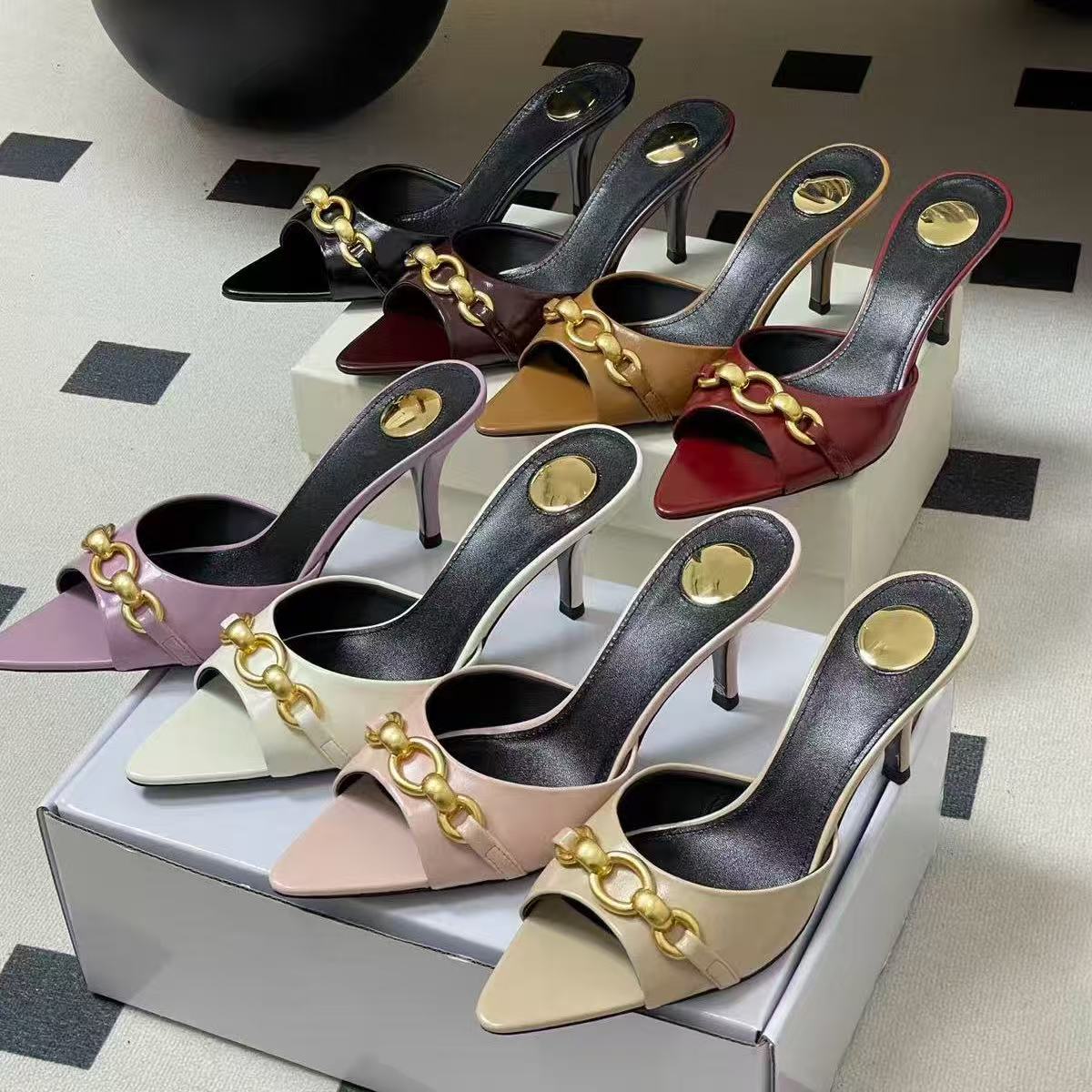 Metal Special Shaped Heel Pointed Toe Mules slippers Luxury designer women slip on Stiletto heel shoes New fashion beach shoes Elegant high heel mule shoes bag