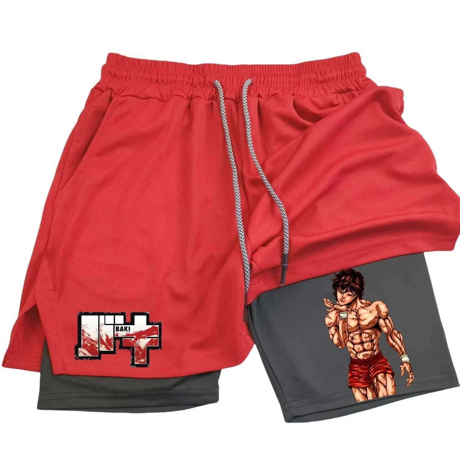 Hanma Baki Anime Mens 2 in 1 Gym Shorts Quick Dry Mesh Fitness Shorts Black Workout ZY0019 M260318