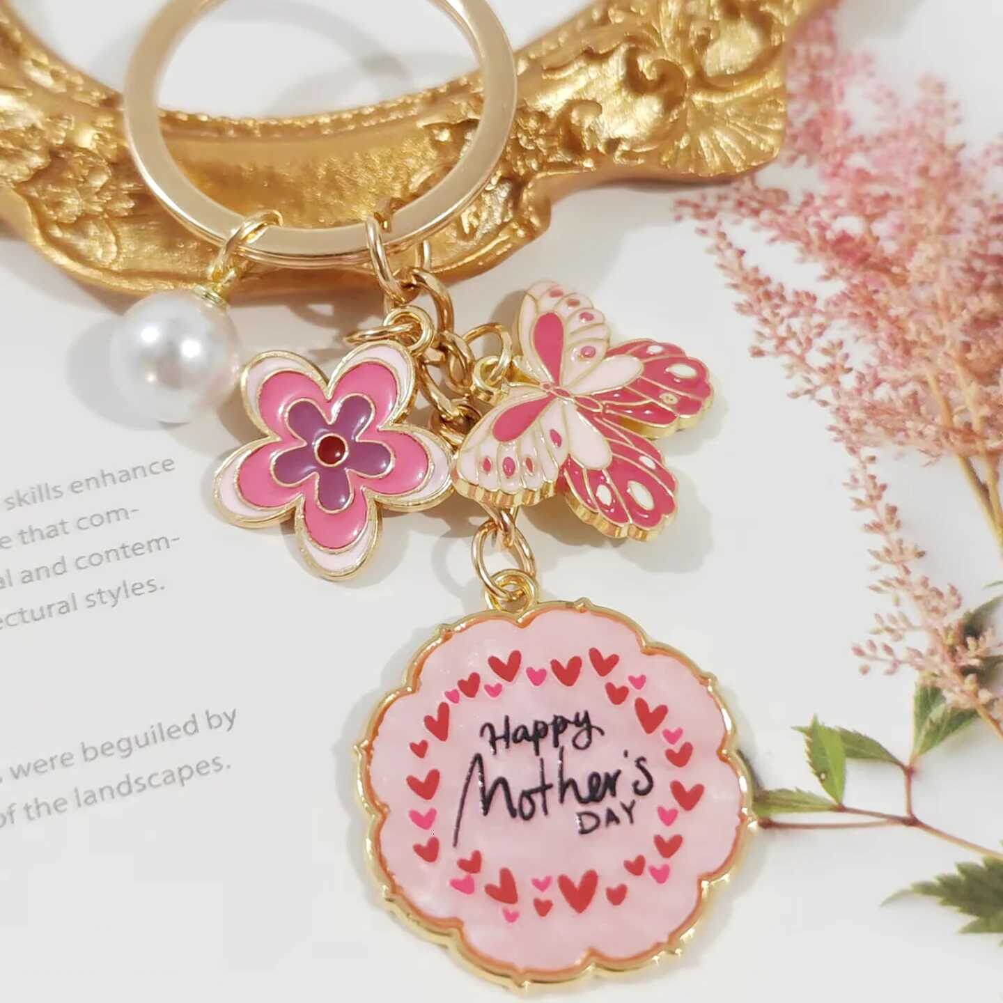 butterfly flower fake pearl heart pendant keychain cute elegant car keychain bag backbag keyring car pendant mothers day gift H260318 - view 4