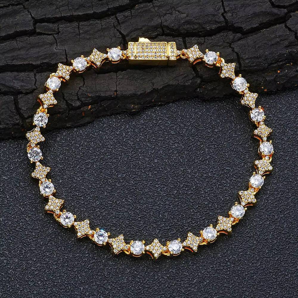 NUOYA 6mm High Quality Round CZ Diamond Gold Silver Star Shape Tennis Chain Bracelet for Women Bling Hip Hop Fine Jewelry