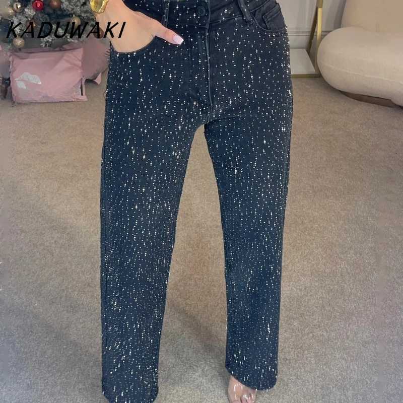 KADUWAKI American Retro Women Diamonds Pants Stretch High Waist Washed Distressed Pockets Chic Denims Streetwear Female TrousersT260317