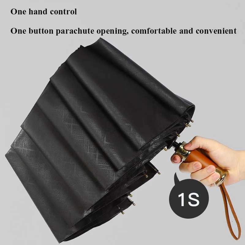 Triple fold fully automatic 10 bone grid pattern umbrella automatic wooden handle wind resistant and sunny umbrella H260318 - view 3