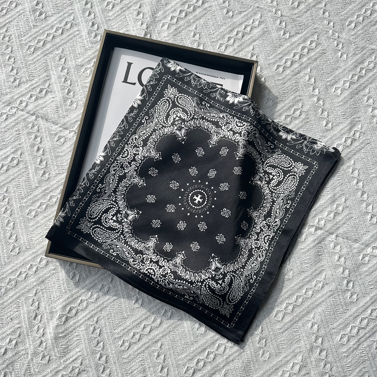 Black fashion silk scarf for women in spring. New style silk square scarf for neck protection and small headband.