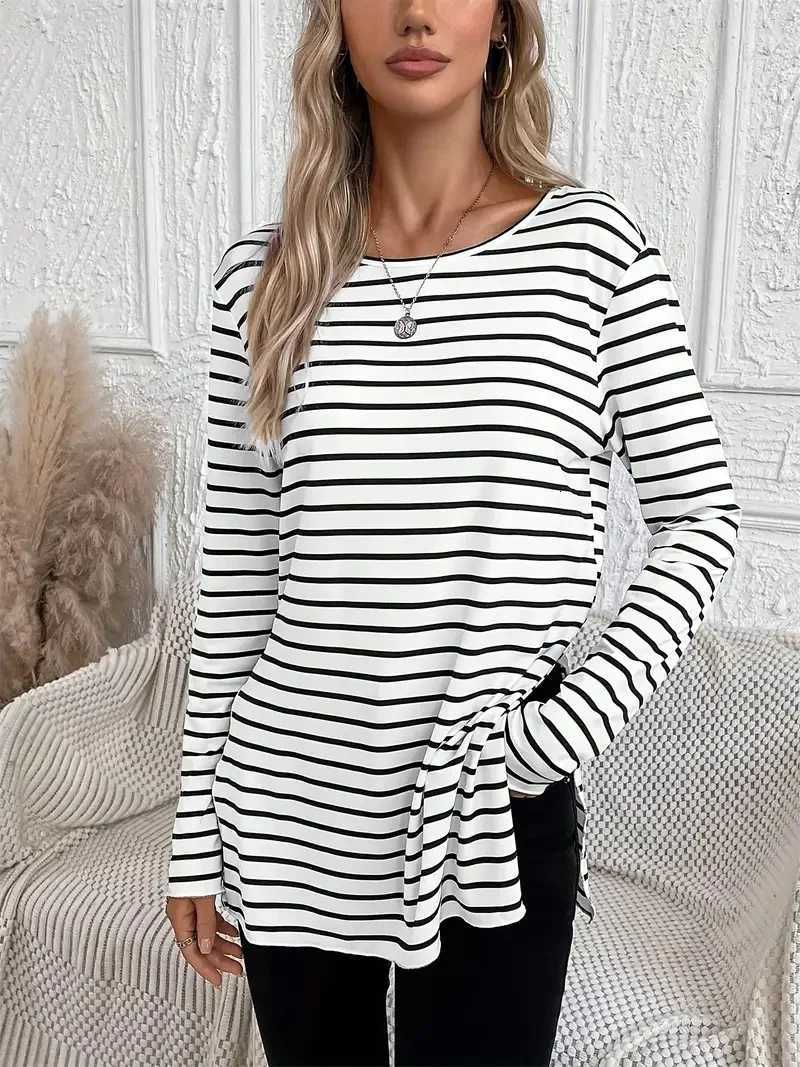 Stripe print crew neck t-shirt casual long sleeve slit t-shirt spring and autumn womens wearT260317