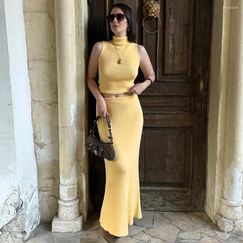 Casual Dresses Tuularose Elegant Long Skirt Two-piece Set Women's Sleeveless Knitted Turtleneck Vest Slim 2026 Fashion