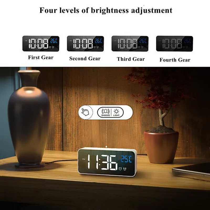 Voice Control Digital Alarm Clock TEMP 2 Alarms Snooze Night Mode Table Clock Power Switch 12/24H Rechargeable Music LED Clock D260318