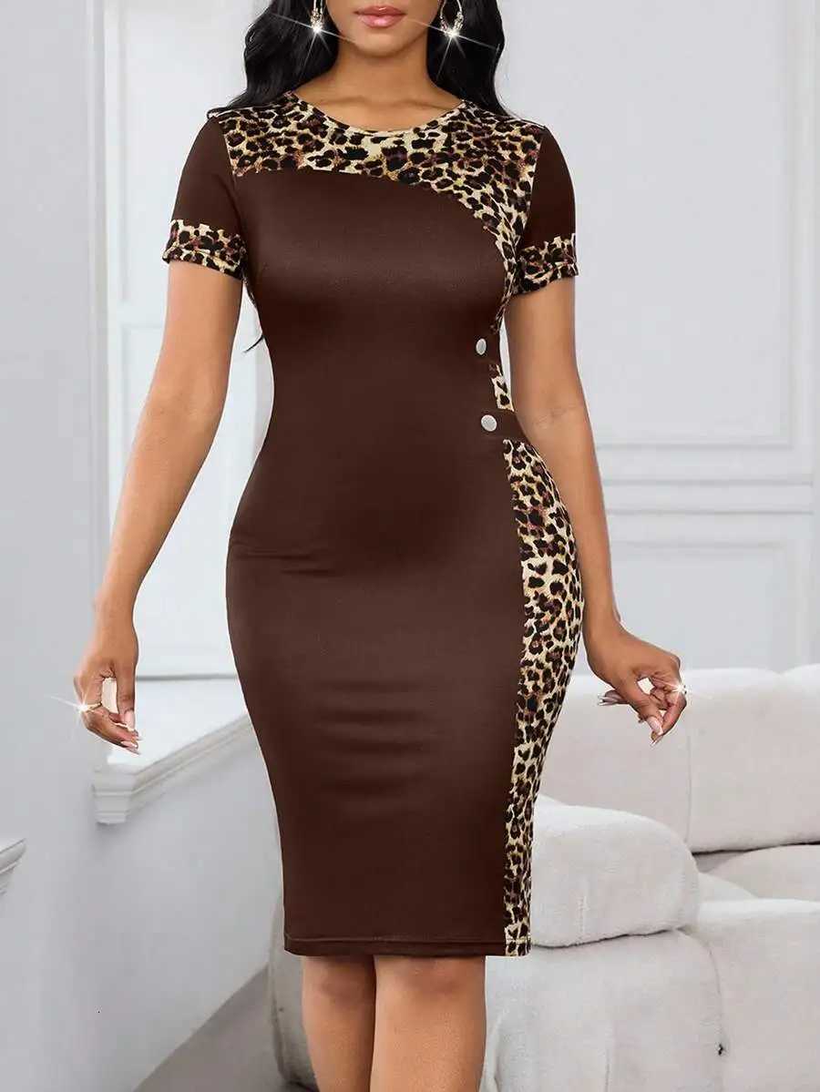 Brown Leopard Print Round Neck Fitted Midi Dress with Button DetailXJ260318