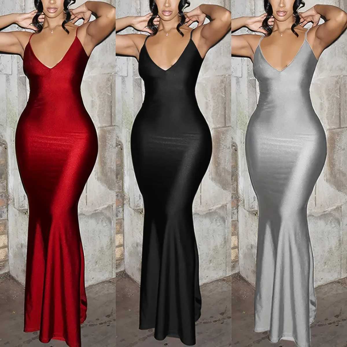 Red Spaghetti Strap Maxi Dress Women Sexy Svelss Backless Ruched Slim Robe Summer 2024 Party ClubwearXJ260318
