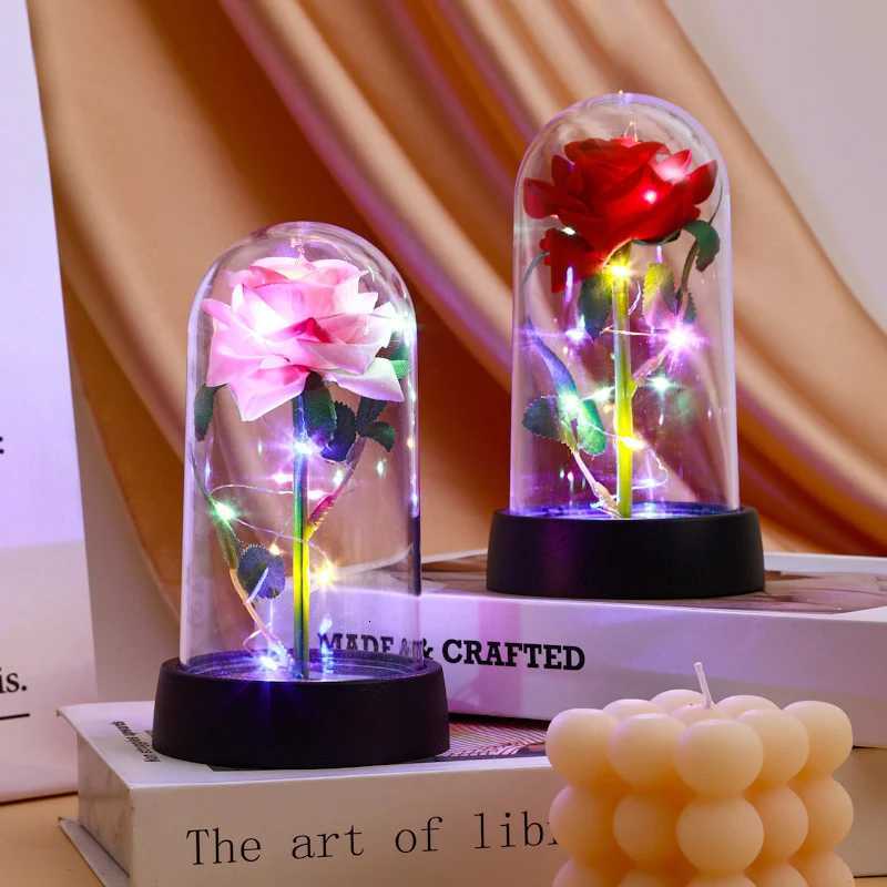 Artificial Rose Flowers Eternal Rose LED Light Foil Flower in Glass Cover Simulation Rose Flower Valentines Mothers Day Gifts H260318