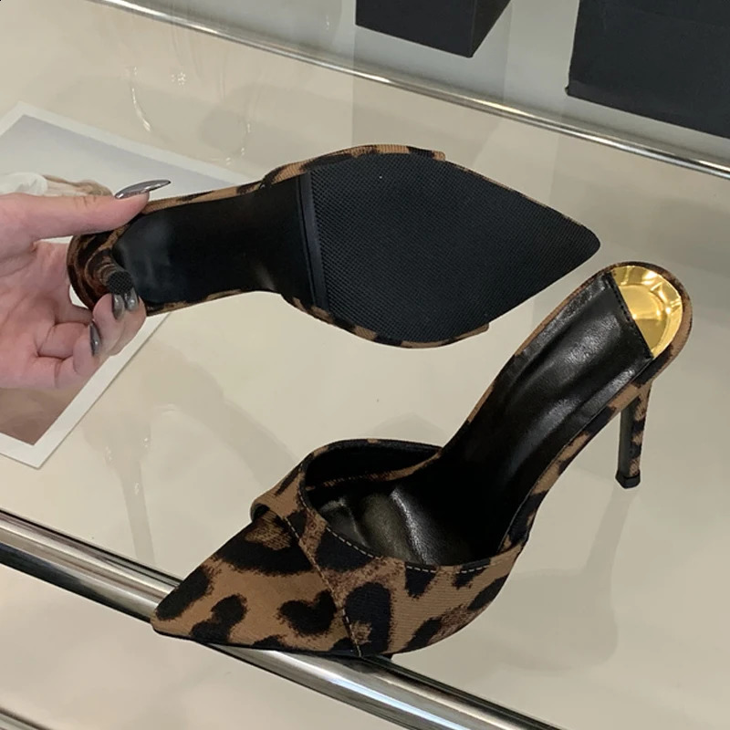 Liyke Summer White Patent Leather Women Slippers Sandals Sexy Leopard Print Pointed Toe Mules High Heels Party Stripper Shoes 260318