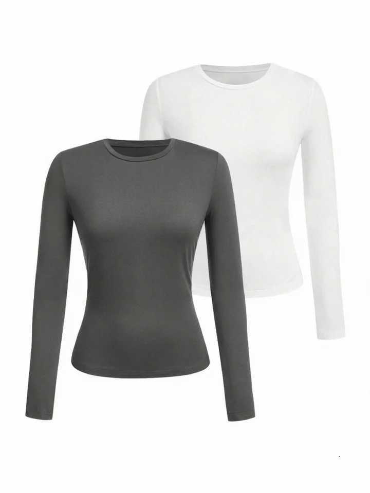 Womens solid-color long-sleeved T-shirt - Polyester knitted fabric round neck regular fit fall-winter styleT260317