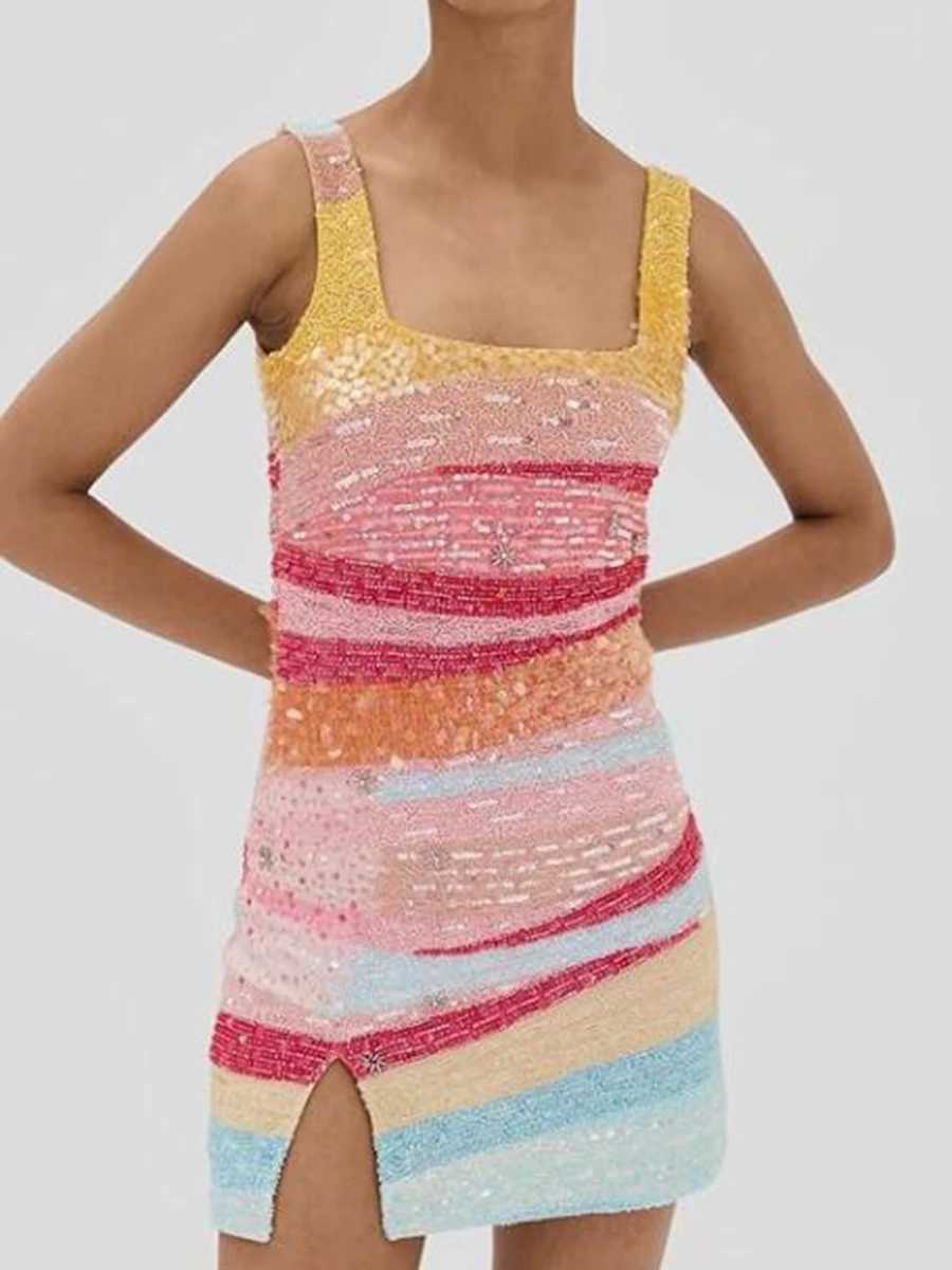 Elegant Lady Fit Banquet Short Dress Fashion Sequins Sleeveless Halter Evening Dress Summer New Women High Waist Wrap Hips Dress L260305