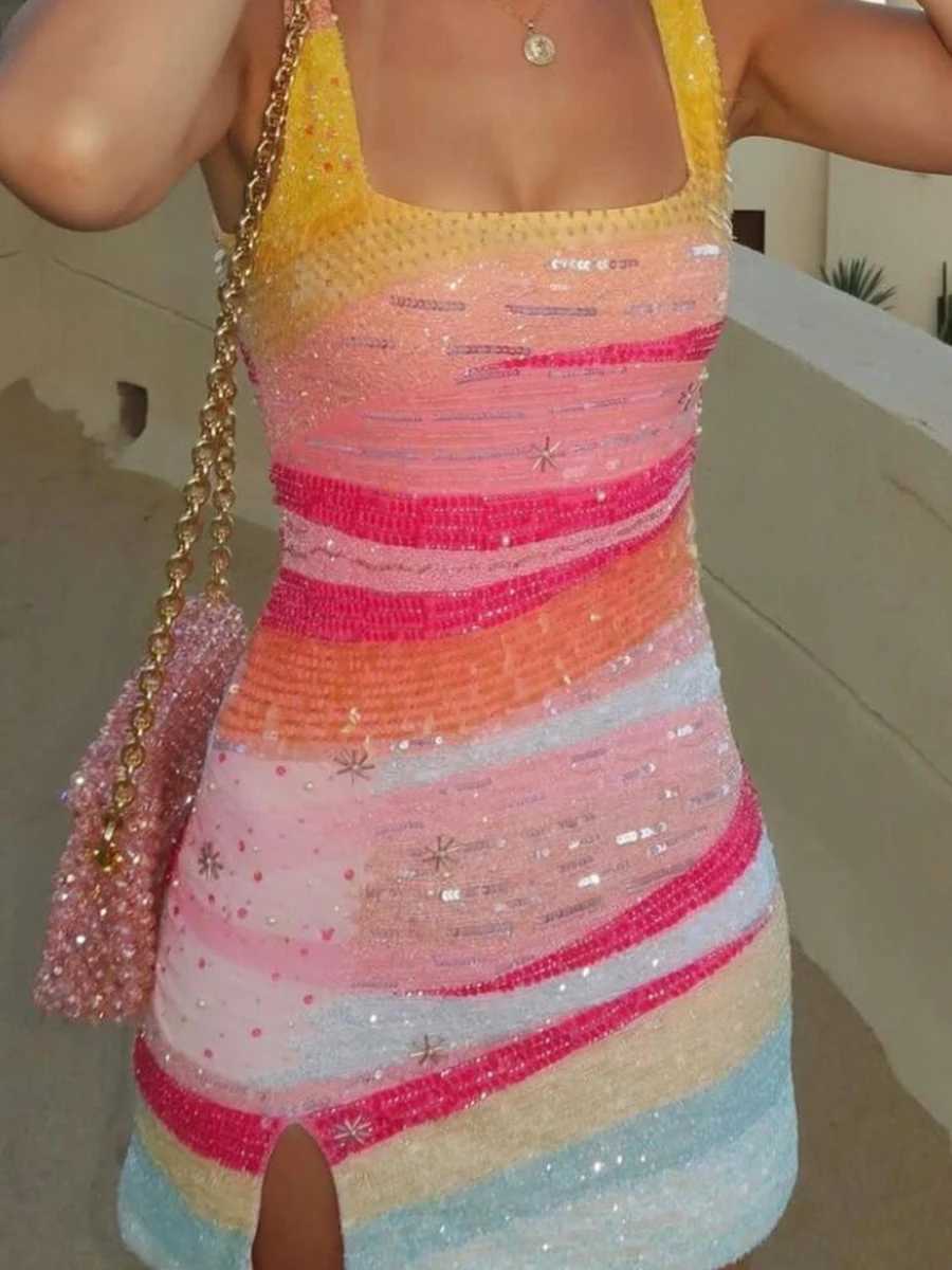 Elegant Lady Fit Banquet Short Dress Fashion Sequins Sleeveless Halter Evening Dress Summer New Women High Waist Wrap Hips Dress L260305