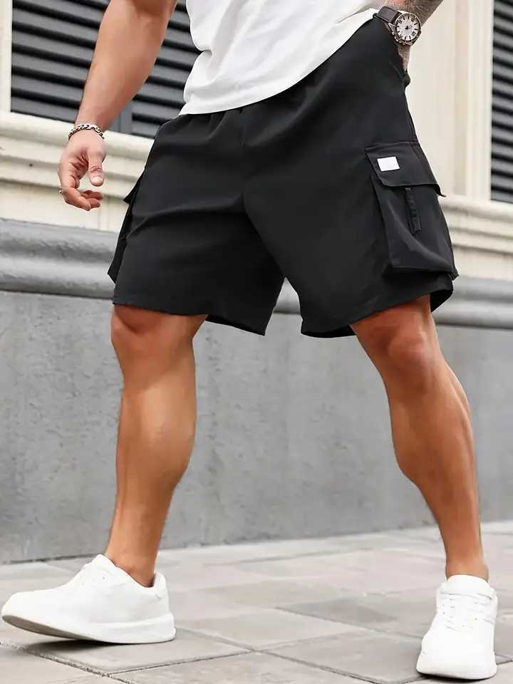 Mens Plain Regular Style Cargo Shorts with Drawstrings and Elastic Waistband Large Flap Pocket Pants Design Casual Shorts Suitable for Summer Basketba