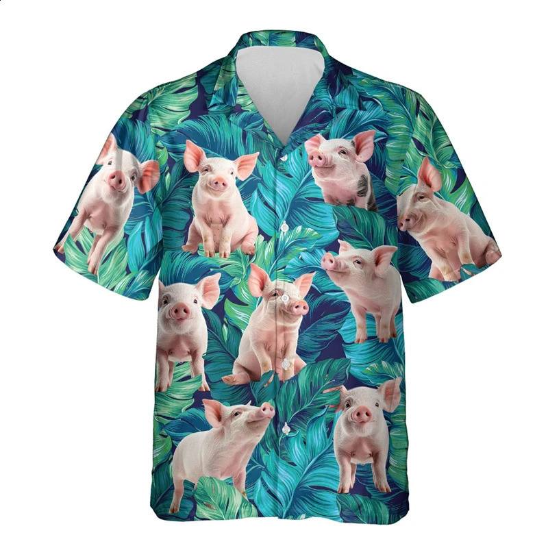 Funny Animal Pig 3D Printed Beach Shirt Cute Pet Graphic Shirts For Men Clothes Casual Hawaiian Surfing Short Sleeve Boy Blouses 260318
