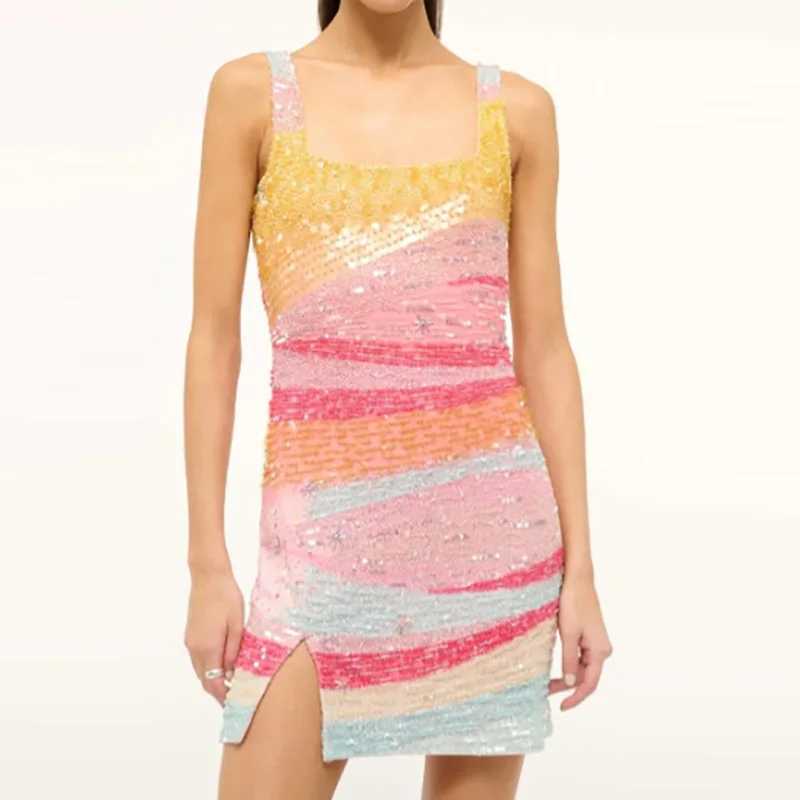 Elegant Lady Fit Banquet Short Dress Fashion Sequins Sleeveless Halter Evening Dress Summer New Women High Waist Wrap Hips Dress L260305