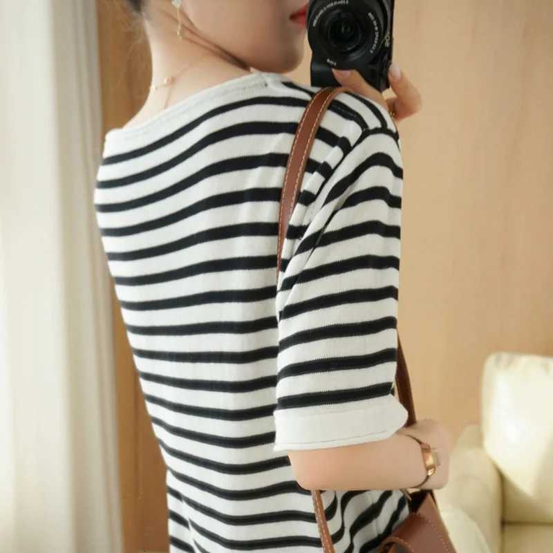 2026 Spring/Summer New Womens 100 Cotton Sweaters Round Neck Short Sleeve Striped T-Shirts Fashion Casual Outerwears PulloverT260317