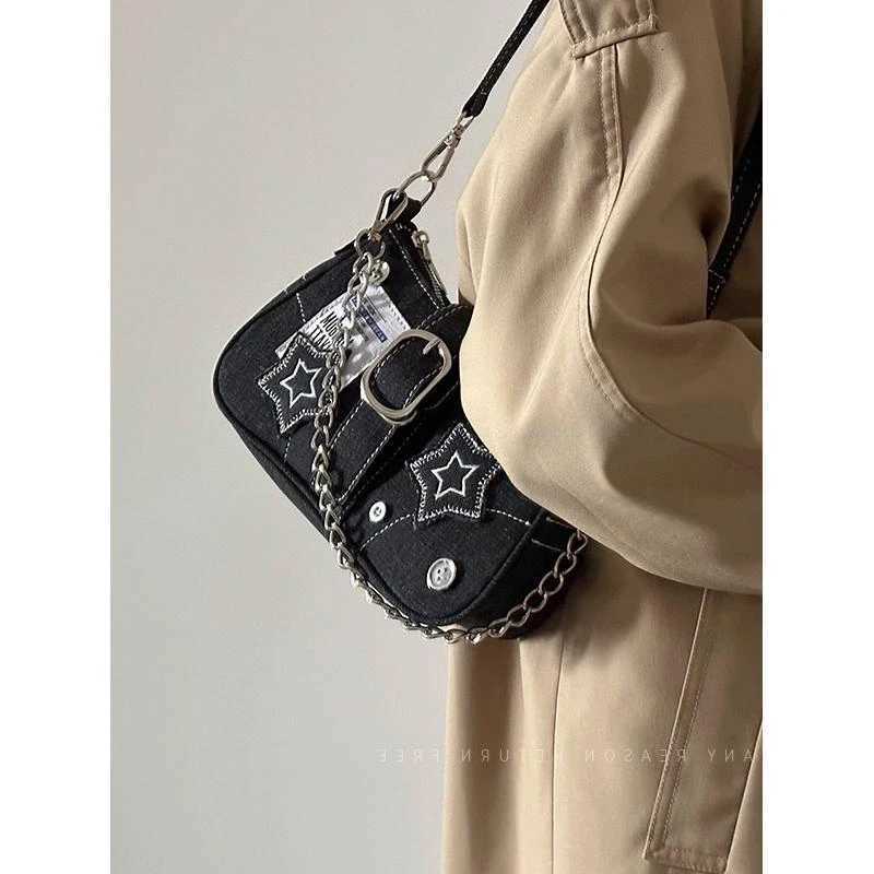 Fashion Vintage Y2k Ladies Shoulder Bags Sweet Cool Star Chain Womens Underarm Bag Black Goth Denim Female Tote Handbag PurseZ260317
