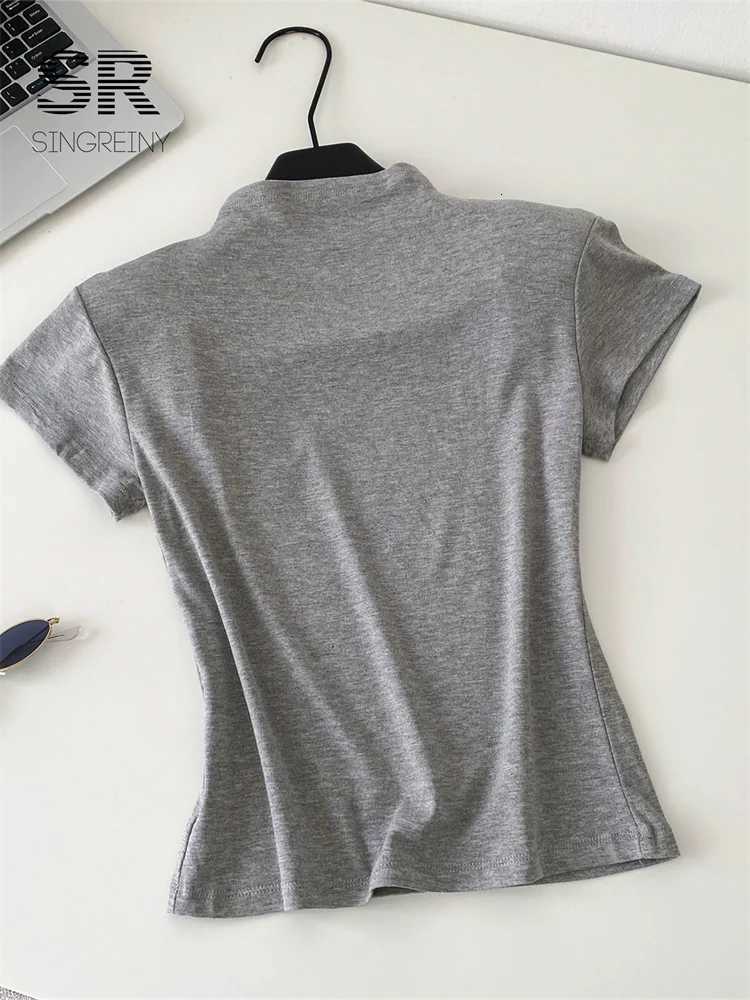 SINGREINY American Retro Basics T-Shirt 2025 Stand Collar Short Sleeves Soft Bottoming Shirt Fashion Hot Girl Letter Print TopT260317