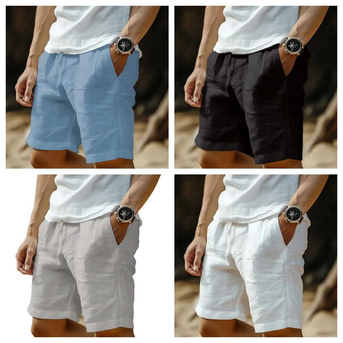 2025 New Summer New Mens Cotton Linen Breathable Shorts Hawaii Beach Pants Male Solid Color Trousers Loose Versatile Streetwear M260318