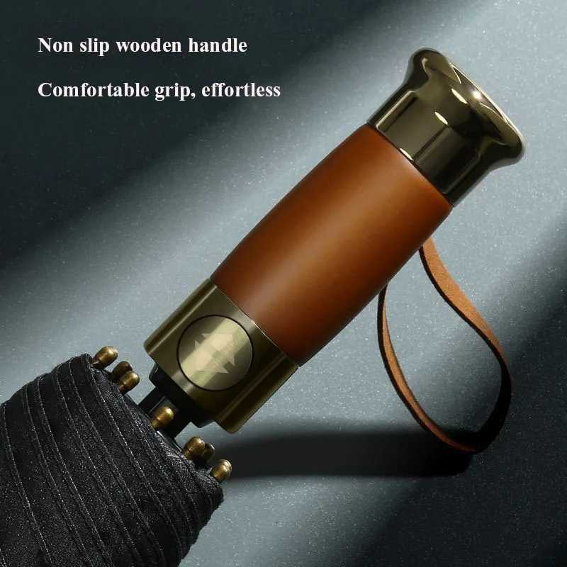 Triple fold fully automatic 10 bone grid pattern umbrella automatic wooden handle wind resistant and sunny umbrella H260318 - view 4